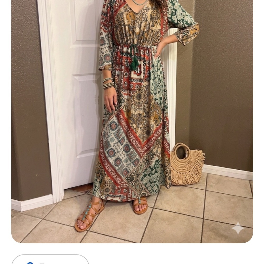 ONE WORLD Boho Patchwork Maxi Dress in Green, Rust & Cream size M